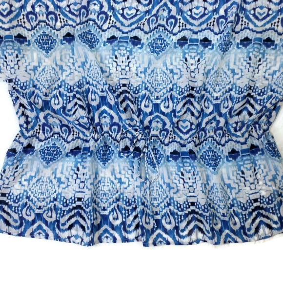 Chaps Blue White Semi Sheer Multiprint Short Dolman Sleeve Blouse Womens 3X - Picture 6 of 12